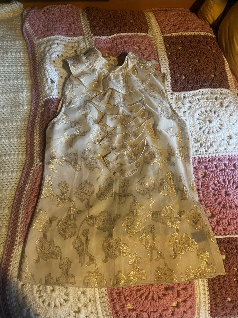 Anna Sui Cream Shell Top with Gold Foil Floral Accents